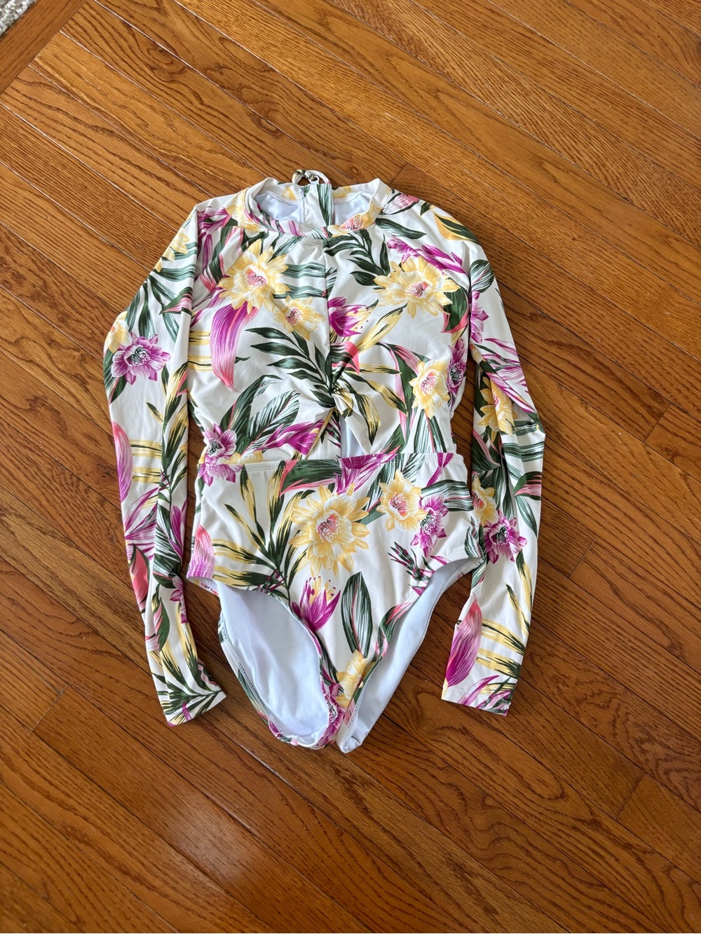 Amazon Floral Long-Sleeve One-Piece Swimsuit in White with Pink & Yellow
